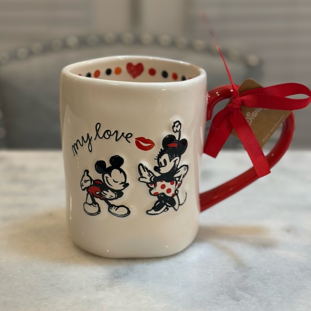 Rae Dunn Disney Mickey and Minnie Mouse "My Love" Mug & Red Heart-Shaped Handle